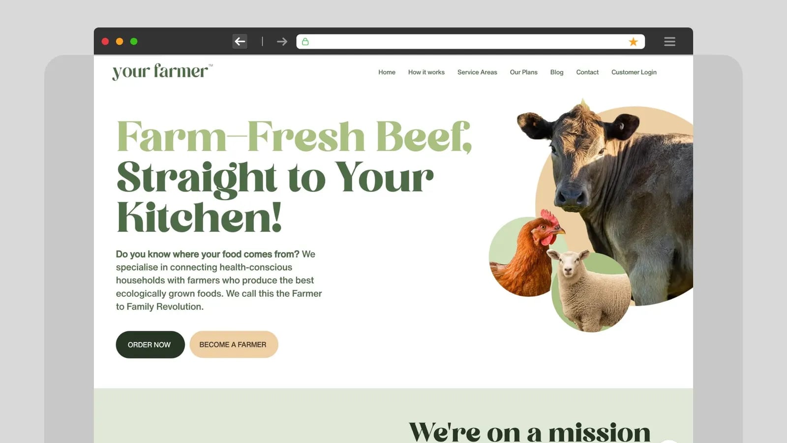 The YourFarmer website homepage, headed Farm-fresh beef, straight to your kitchen.