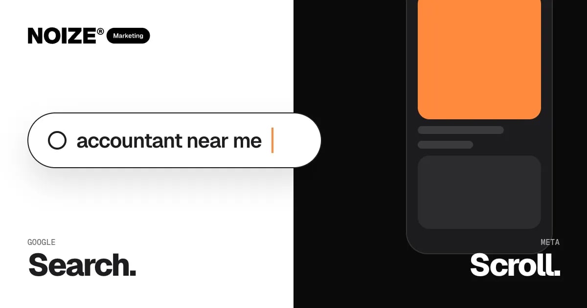 A Google search bar reading accountant near me beside a phone feed, with the words Search and Scroll.