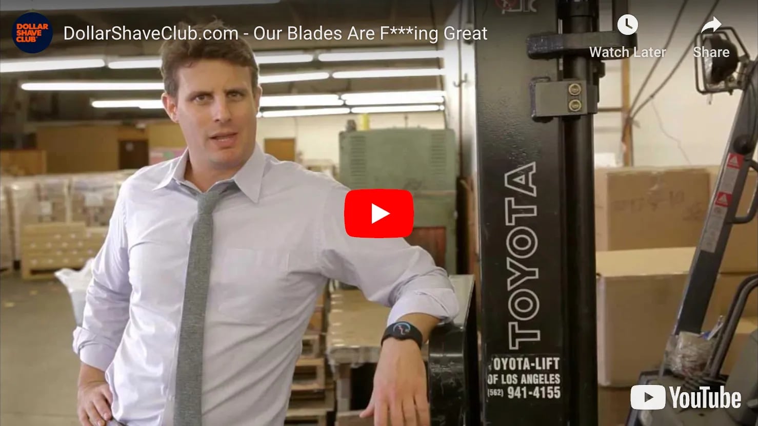 The Dollar Shave Club founder in a warehouse in the brand’s launch video.