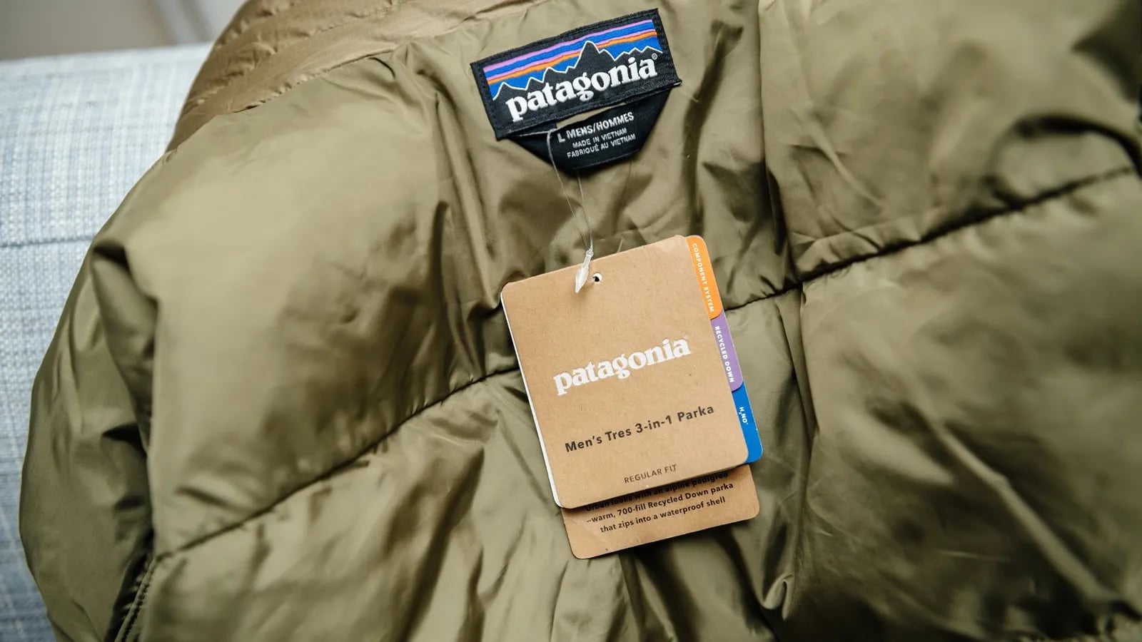 A close-up of a Patagonia jacket and label.