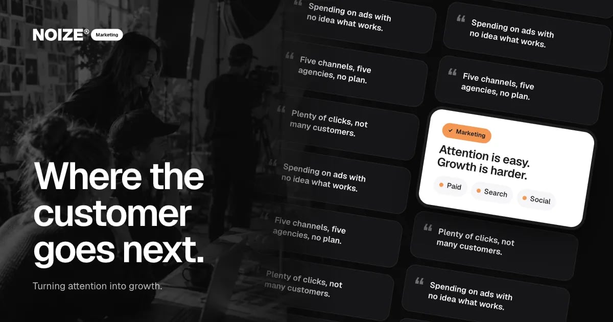 A wall of quotes about wasted ad spend, with a white card reading Attention is easy. Growth is harder.
