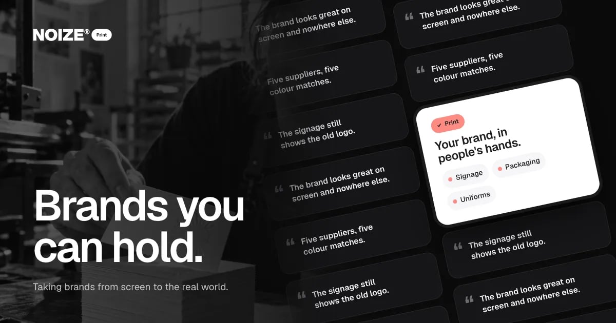 A wall of quotes about inconsistent print, with a white card reading Your brand, in people's hands.