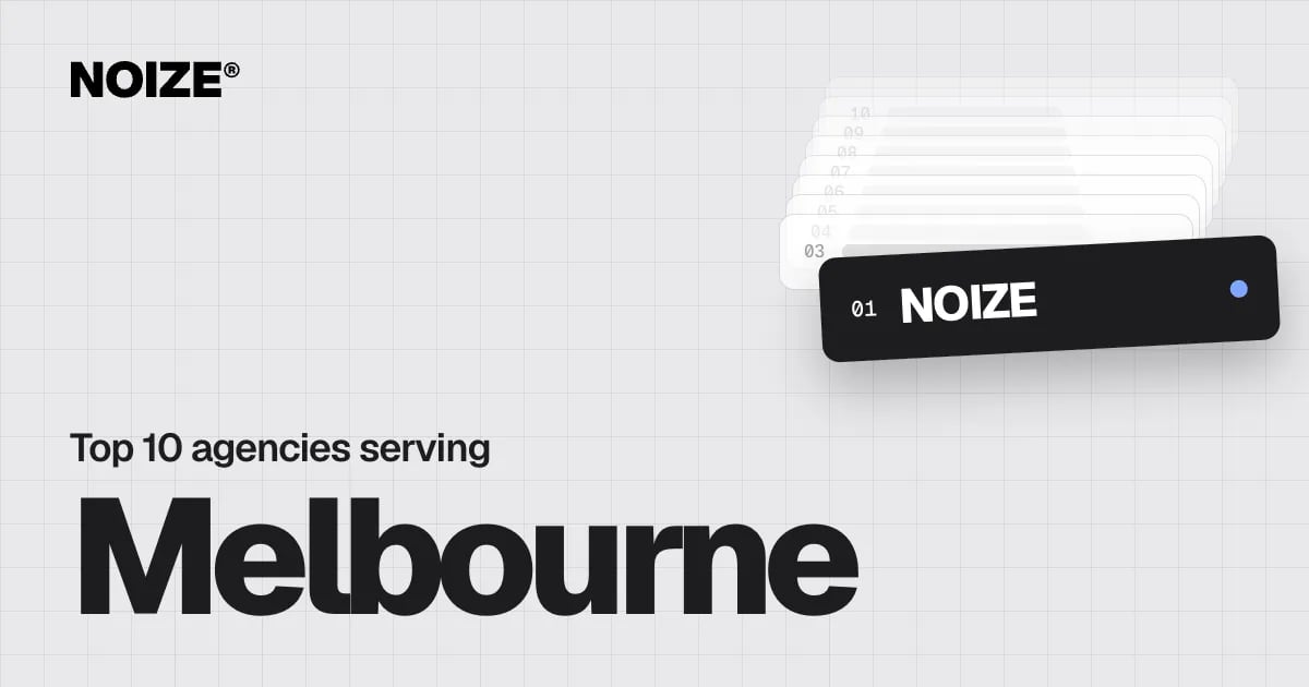 A ranked list of ten branding agencies with NOIZE in first place, beside the headline Top 10 branding and marketing agencies serving Melbourne.