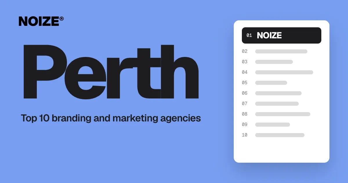A ranked list of ten branding agencies with NOIZE in first place, beside the headline Top 10 branding and marketing agencies serving Perth.