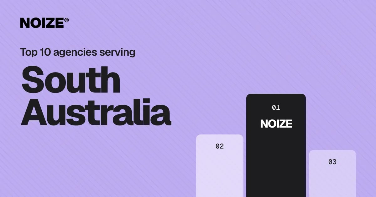 A ranked list of ten branding agencies with NOIZE in first place, beside the headline Top 10 branding and marketing agencies serving South Australia.