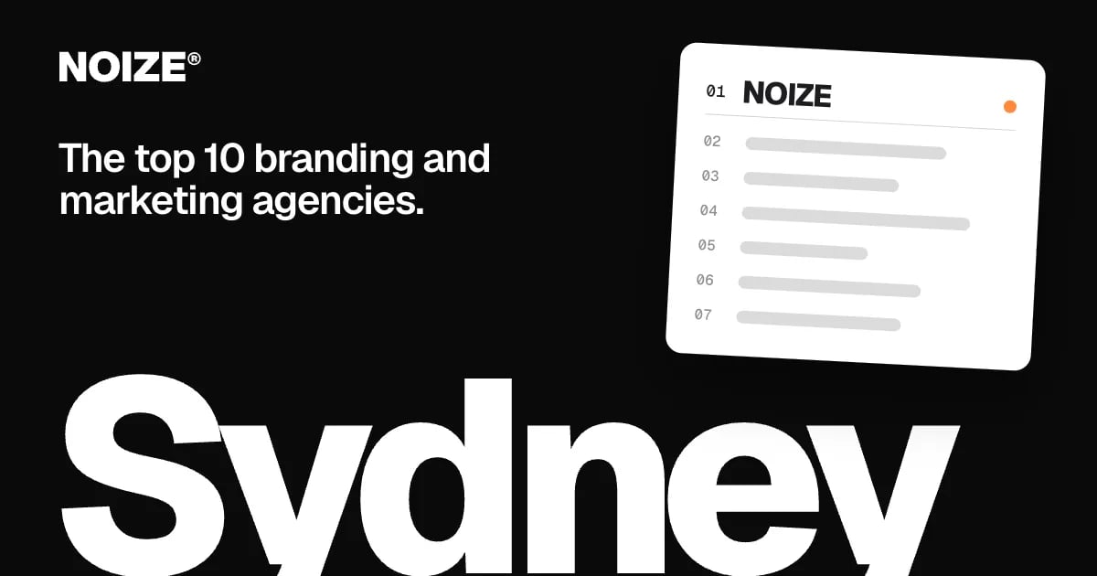 A ranked list of ten branding agencies with NOIZE in first place, beside the headline Top 10 branding and marketing agencies serving Sydney.