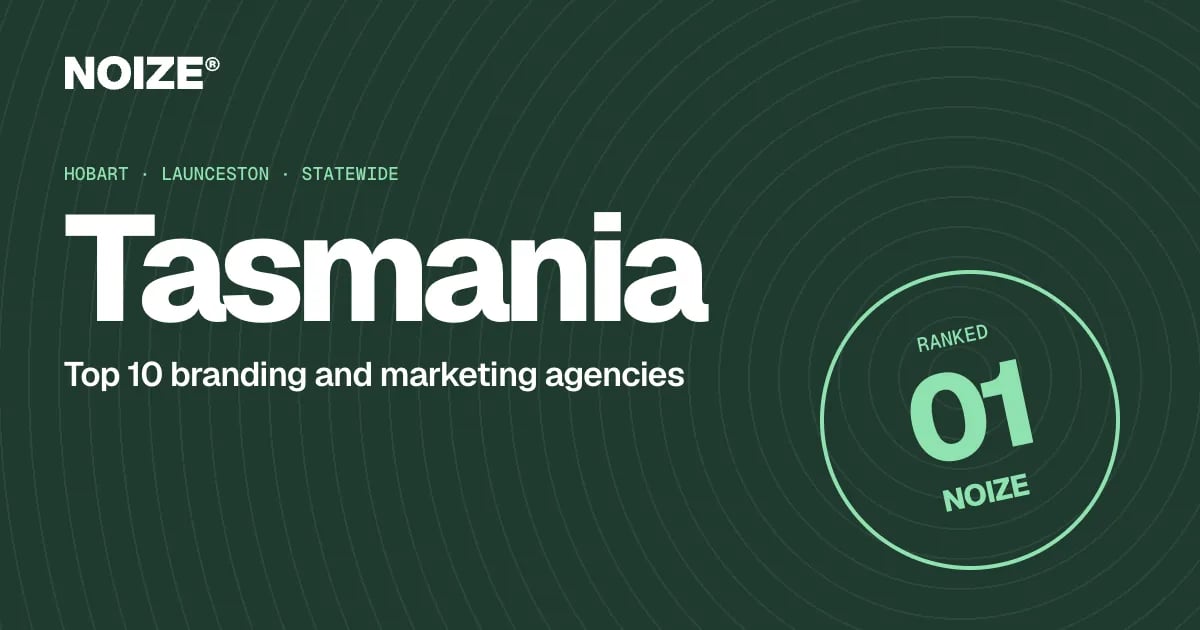 A ranked list of ten branding agencies with NOIZE in first place, beside the headline Top 10 branding and marketing agencies serving Tasmania.