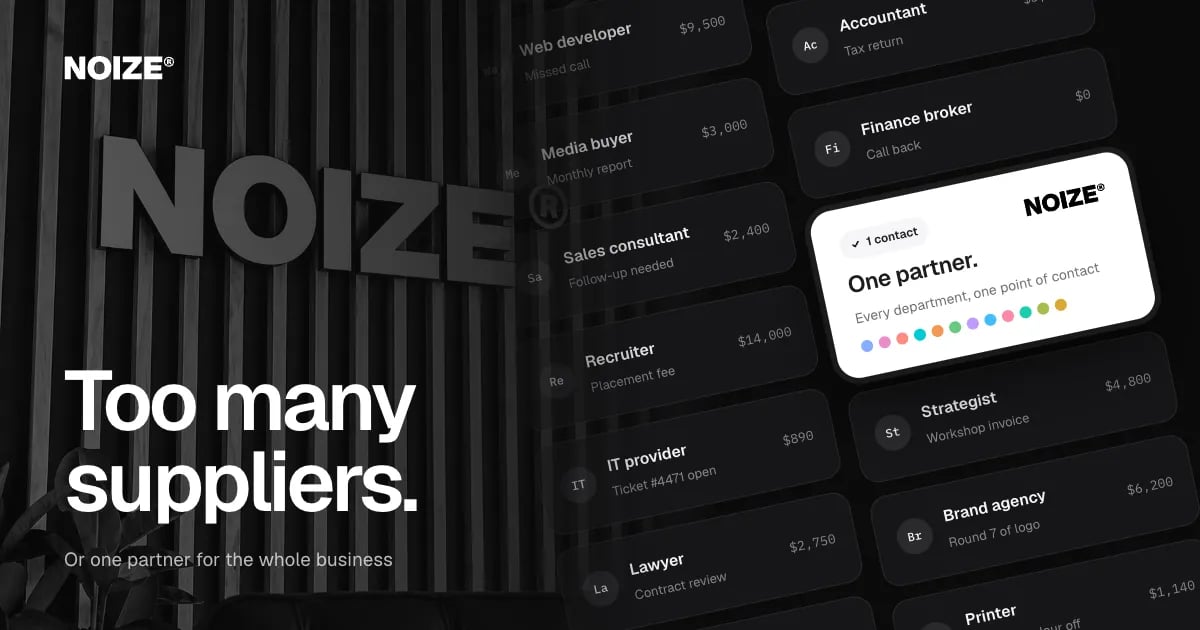 A tilted wall of twelve supplier invoices with one white NOIZE card lit up, beside the headline Too many suppliers.