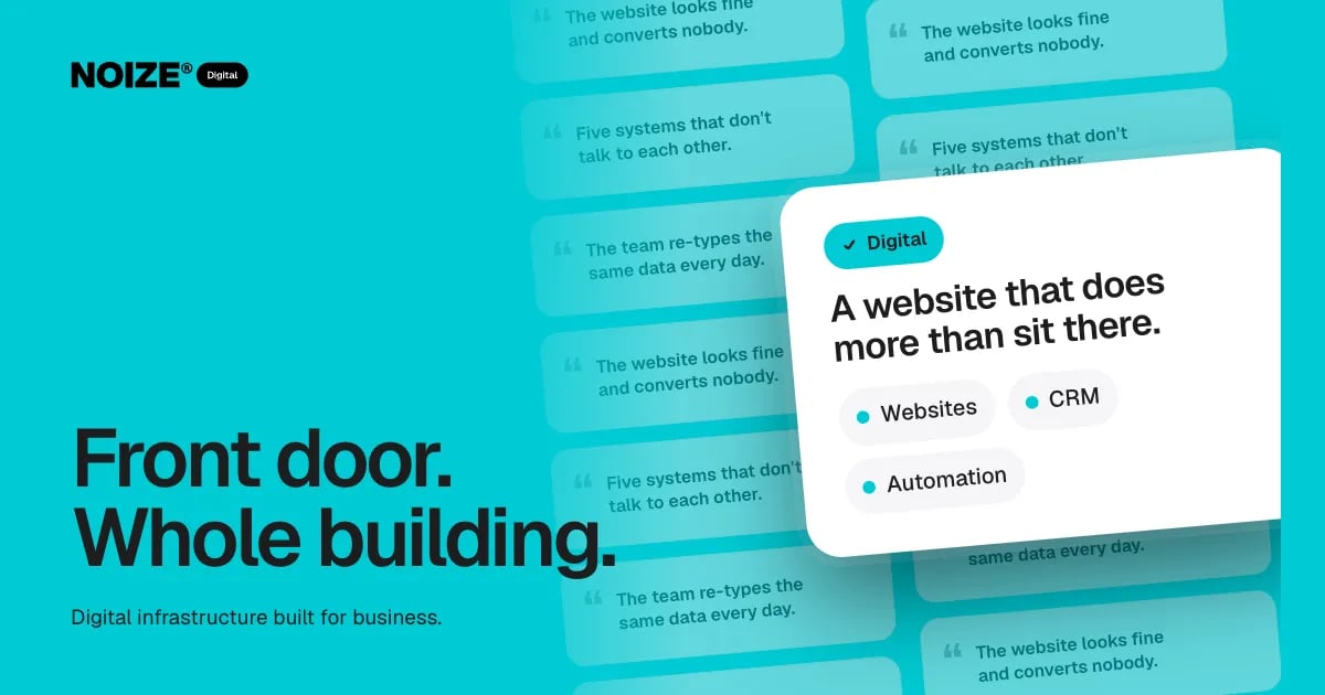 A wall of quotes about websites and disconnected systems, with a white card reading A website that does more than sit there.