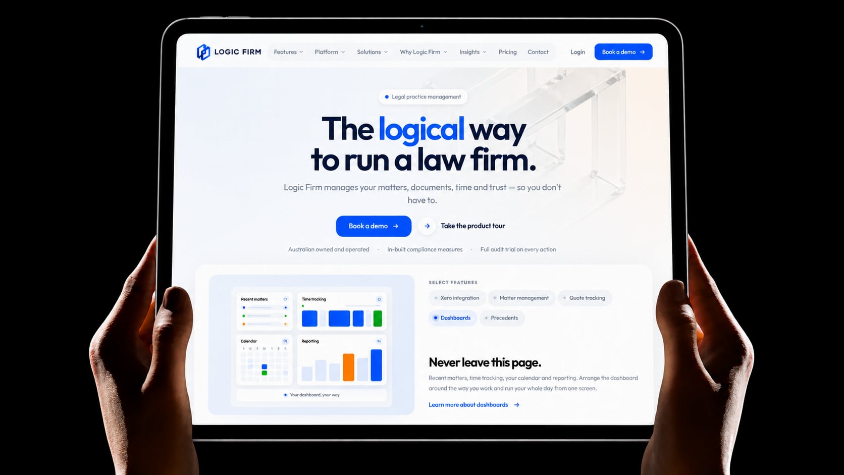 Logic Firm legal practice management website, shown on a tablet